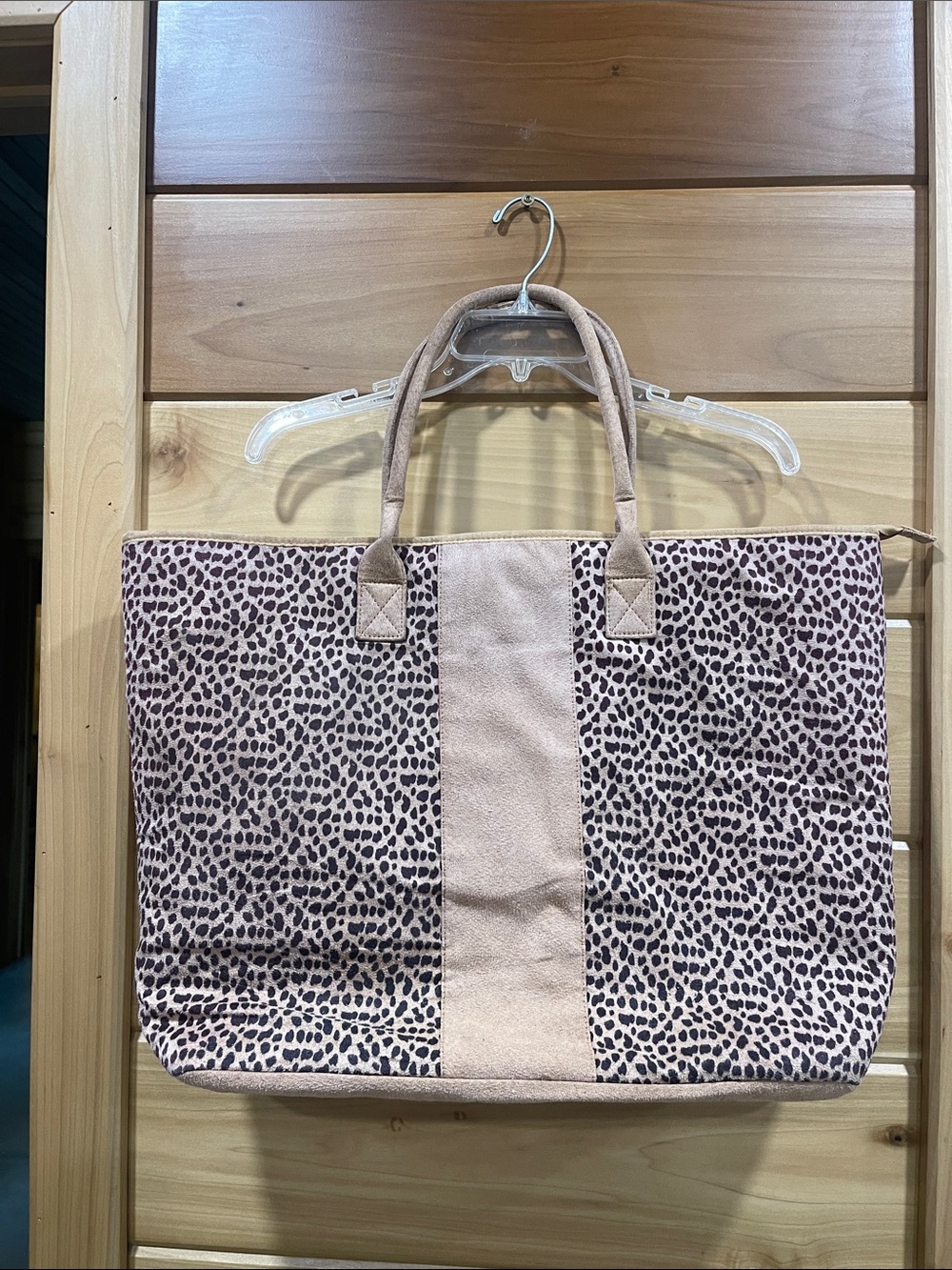 Leopard-Print Suede-Trim Tote in Neutral Beige